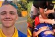 A composite photo of the cheerful young player Xander van Niekerk before the freak accident and where paramedics were treating him on the rugby field. Photo: Supplied