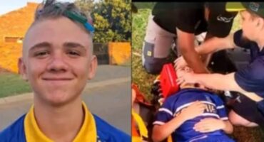 A composite photo of the cheerful young player Xander van Niekerk before the freak accident and where paramedics were treating him on the rugby field. Photo: Supplied