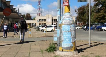 These lamp poles covered with illegal posters are right across the street from the municipality. Photo: Adele Louw (Carletonville and Fochville Herald)