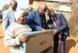 The Deputy Minister of Communications and Digital Technologies Mondli Gungubele and Gauteng Premier Panyaza Lesufi, handed a new television set instead of only a decoder to a Khutsong South pensioner Nowayilesi Dinizulu. Photo: Adele Louw (Carletonville and Fochville Herald)