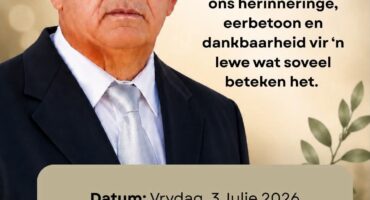 His funeral service will take place on July 3 at 11:00 at the NG Oberholzer West congregation.