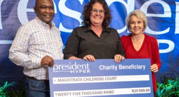 Magistrate Viglia Bester of the Children’s Court received their donation from Samuel Gontse (President Hyper’s Head of HR) and Mandie Kruger (Finance Executive, President Hyper). Photo: Supplied