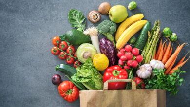 Shopping bag full of fresh vegetables and fruits