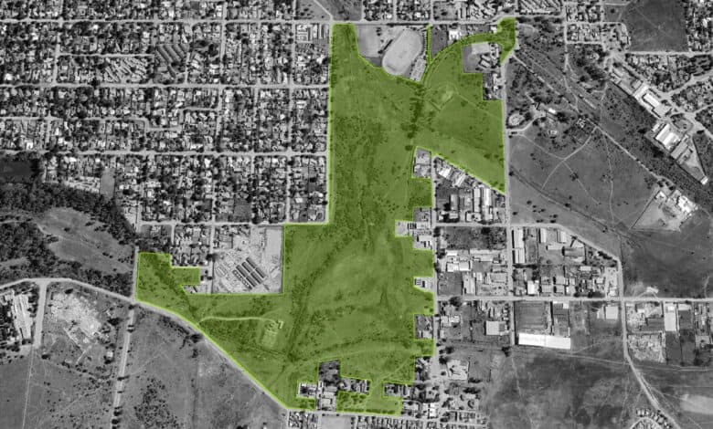 An aerial map of the Parys Wetland area