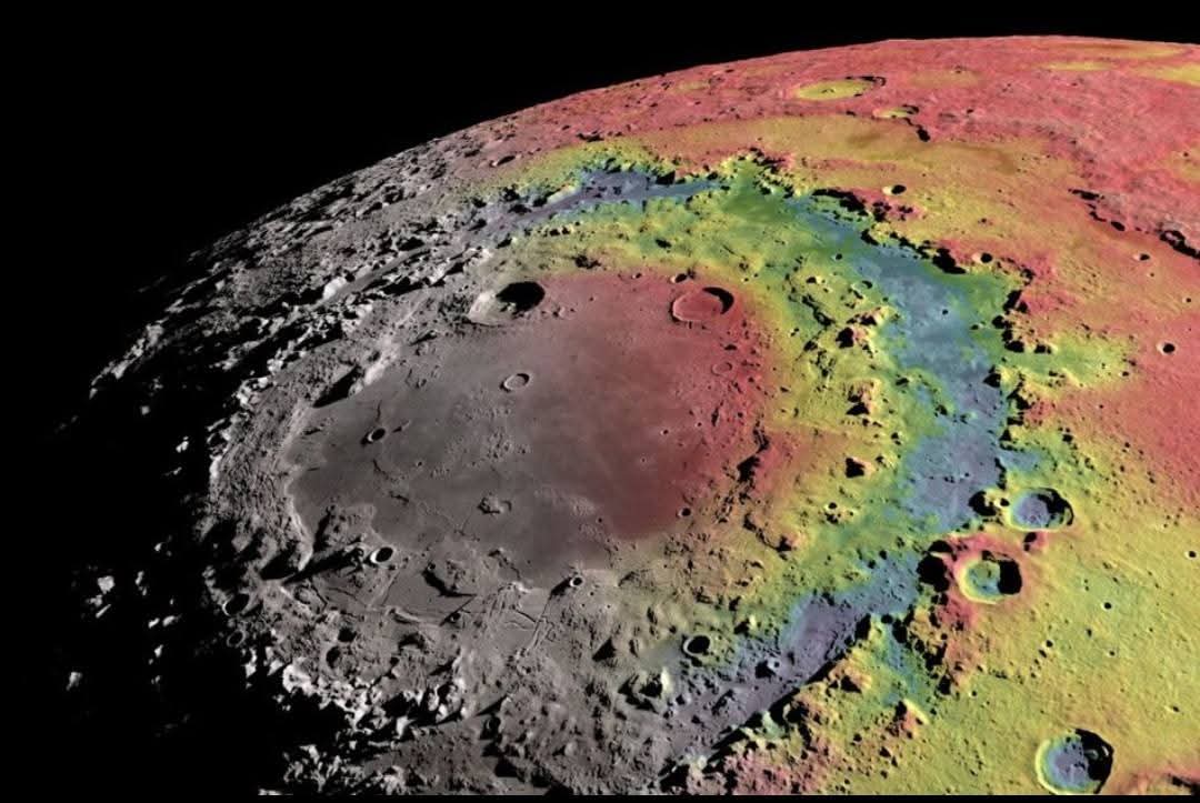 A coloured rendering of a complex impact crater like the Vredefort structure. 