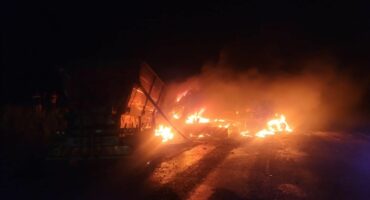 Both the heavy vehicles caught fire after the accident. Photo: Suppllied