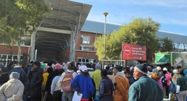 SASSA beneficiaries queueing since early Monday morning at the Fezile Dabi stadium. Photo: Liezl Scheepers