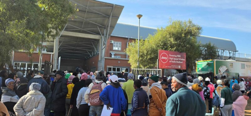SASSA beneficiaries queueing since early Monday morning at the Fezile Dabi stadium. Photo: Liezl Scheepers