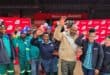 Staff from Pula Build-it celebrating with Paul Maqase, the winner of the Hyundai Grand i10. Photo: Liezl Scheepers