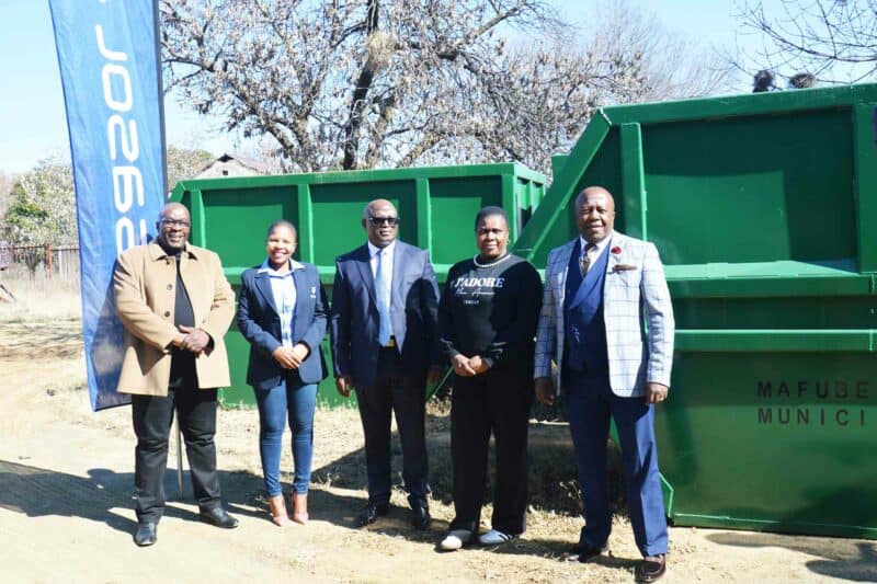 Sasol and Mafube management at the handover of the skip bins. Photo: Sasol