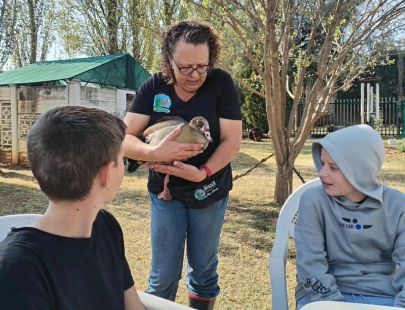 Marisa Louw vertel die leerders hoe daar na die voëls omgesien word in die sorg van Parys WADER. Foto: Verskaf