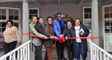 The riboon cutting ceremony for the launch of the Smart VIC at Parys Info & Tourism. From left are Tiisetso Mankayi, Patience Mcambi, Mbali Letebele, Abram Mgcina, Werda Visser, and Palesa Mokoena. Photo: Supplied