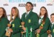 SA se Protea-ruiterspan wat die SA Western Mounted Games internasionale kragmeting gewen het. Op die foto is Hennie Mey (spanbestuurder), Carli Huber, Lyla Kruger, Adriaan van Brakel, kaptein Elaine Fourie, Nick van Wyk, en Letitia Venter (assistent spanbestuurder). Foto: Verskaf