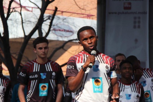 Captain, Bonginkosi Mnyamane addresses the crowd in attendance at the NWU Pukke amphitheater on Thursday, 16 July 2015. 