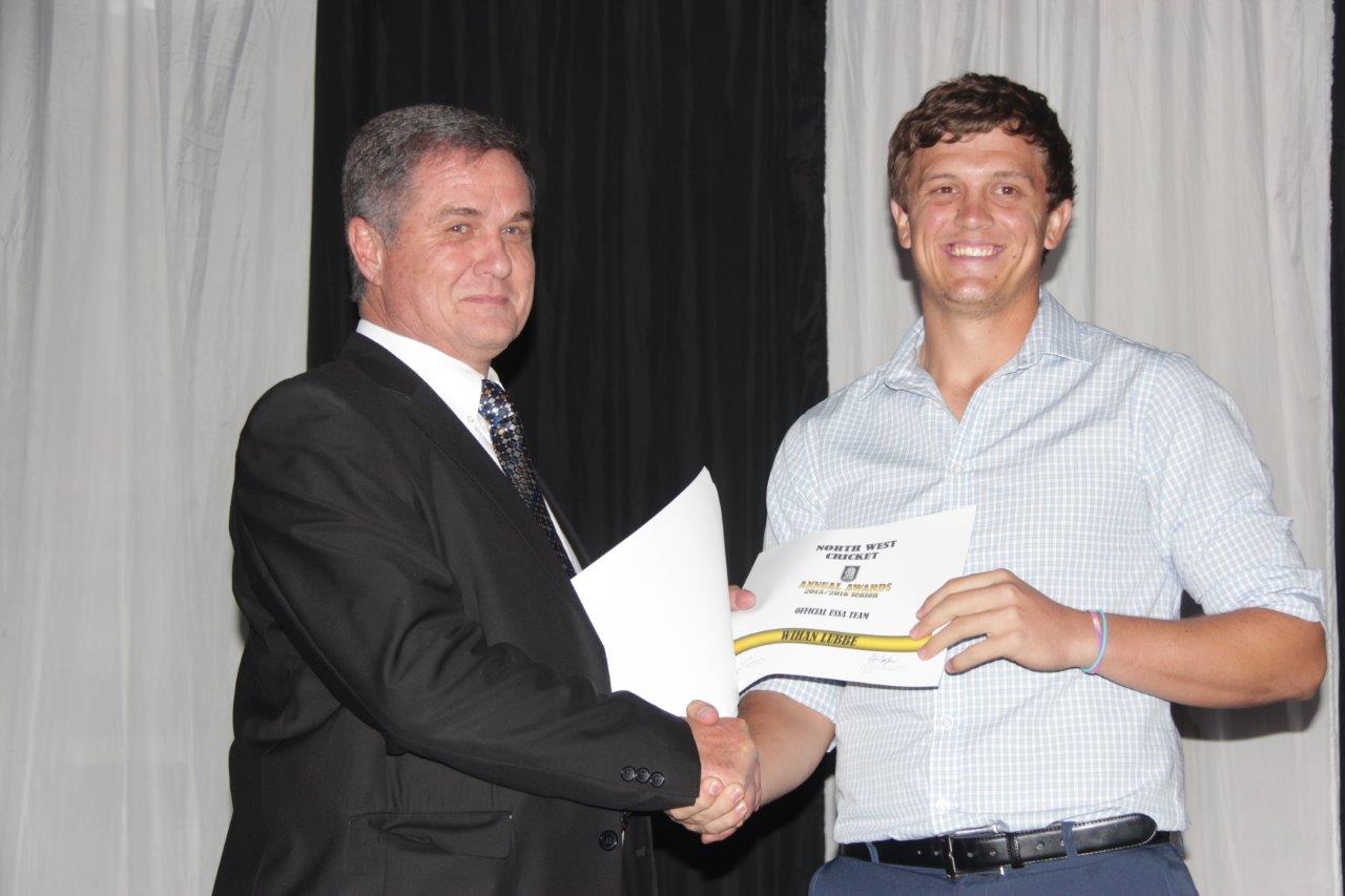 North West Cricket president, Mr. Archie Pretorius with Wihan Lubbe, North West Dragons' best batsman.