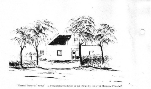 Hierdie skets van die President Pretorius-museum is deur Marion Churchill gemaak ongeveer 1850. Dit toon dat die huis ’n gewel het en twee vensters weerskante van die voordeur, anders as wat die huis tans daar uitsien sonder die gewel en met drie deure. Foto: Geoffrey Jenkins – A century of history