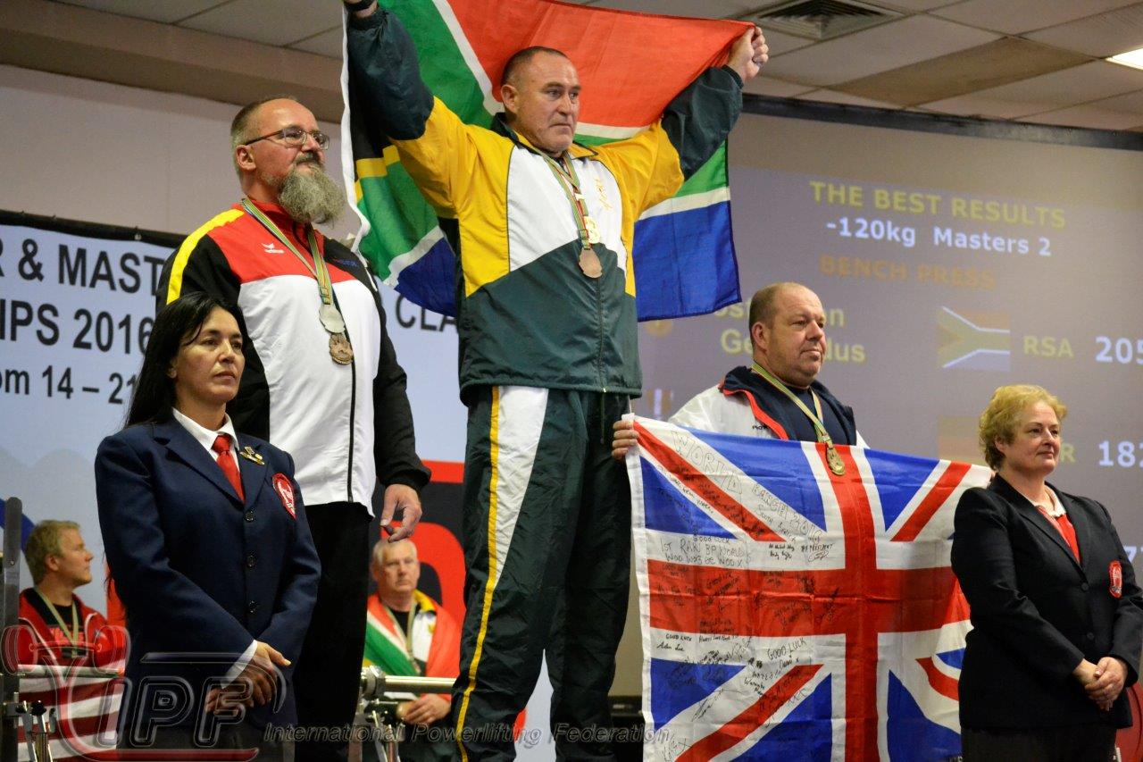 Proud SA lifter Gerhardus Oosthuizen celebrates his Gold Medal as the new Master Two 120 kg division World Champion, with an impressive benchpress of 205 kg.