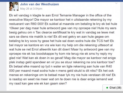 Van der Westhuizen se Facebook inskrywing