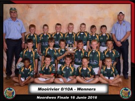 Rugby o/10A: Noordwes-ligawenners Die o/10A-rugbyspan van Laerskool Mooirivier is die Noordwes-ligawenners (groot skole) Voor: Asher Moos, Johandré Maree, Tiardt Vorster, Jean Groenewald, Toks Becker. Middel: Daniël Burger, Wian Botha, Antonie Labuschagne, Lhuan-Dré Pretorius, Garouw Basson, Ronaldo Duarte. Agter: Piet Dreyer (afrigter), Marnu Jacobs, Christoff Nel, Bart du Plooy, Nelius Willemse, Erik van Eeden, Jhanco de Beer, Tobias van Dyk, Edwin Warren (afrigter).