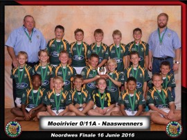 Rugby o/11A: Noordwes-naaswenners Die o/11A-rugbyspan van Laerskool Mooirivier is die Noordwes-naaswenners (groot skole) Voor: Ofentse Phiri, Peter Hendriks, Hermanus Steyn, Naldo de Jager, Jonathan Kruger, Ehrard Jordaan. Middel: Jacques Basson, Marko Werkman, Wian Landman, Franco van Wyk, Damian Charslund, Jadrick Lamprecht, Franco van Niekerk. Agter: Johnny Warren (afrigter), Mathew Wiid, Daneil Potgieter, Dewald Lubbe, Chris Heyns, Richter van der Merwe, Ruan Grové (hulpafrigter)