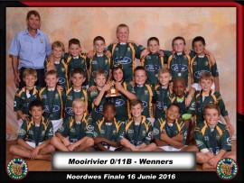 Rugby o/11B: Noordwes-ligawenners Die o/11B-rugbyspan van Laerskool Mooirivier is die Noordwes-ligawenners (groot skole) Voor: Ferdi Joubert, Mike de Kock, Ofentse Phiri, Nicolaas du Plooy, Junaid Davids, Naldo de Jager. Middel: Ruan van Jaarsveld, JM Visser, Neels Kershoff, Cronje du Plooy, Daniël Potgieter, Ruhan Joubert, Marko Vorster, Phitlhelelo Koena, Christoph Immelman. Agter: Willie Lubbe (afrigter), Xander Yates, Neil Behrens, Ryno Schutte, Willie Vorster, Edrich Swanepoel, Horatio Carson, Christiaan Jonker.