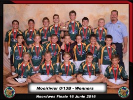 Rugby o/13B: Noordwes-ligawenners Die o/13B-rugbyspan van Laerskool Mooirivier is die Noordwes-ligawenners (groot skole) Voor: Daniël Fourie, Louis Claasen, Phillip Jonker, Martin van Onselen, Brendon Klopper. Middel: Benjamin Viljoen, Michael van Rooyen, Heinrich Reckling, Heinrich Raubenheimer, Franco Engelbrecht, Ronan Prinsloo, Ruan Kruger. Agter: Etienne Erasmus, Zuwan Slabbert, Hugo le Grange, Leard Enslin, Marco Snyman, Ben van der Schyff, Ronan Melrose, Benje Ouwencamp (afrigter)