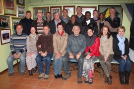 The attendees at the book launch, starting from the back row are Richardo Ellis (ACNW manager), Gerard Moerdyk, Piet Meyer, Dissie Kruger, Freddie Harmse, Stevens Morake, Barry Badenhorst, Patrick Mabitsela, Adam Motlagale and Johan de Jager. In front are Jean Verster, Tania Kempenaars, Hennie Botha (athletics coach), Bea Botha, Dewald Steyn (author), Rentia Mynhardt (publisher), Alta Verster and Ronelle Roodt.
