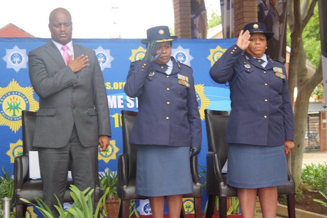 The MEC for community safety and transport management, Dr Mpho Motlhabane, the NW SAPS provincial commissioner, Lt Gen Baile Motswenyane and the provincial NW SAPS deputy commissioner, Maj. Gen BCJ Molale at the Fallen Heroes commemoration.