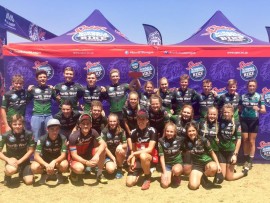 The winning North West team at the Spur Schools Mountain Bike Nationals that was held at Bekker School. With the NW team is mountain bike champions Ariane Kleynhans and James Reid.