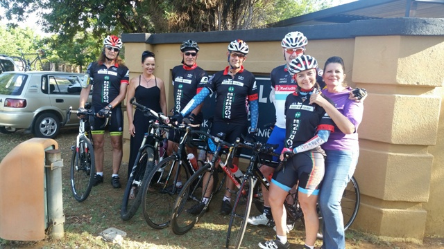 Dr Venter and his cyclists in Potchefstroom with Janet Potgieter (second from left).