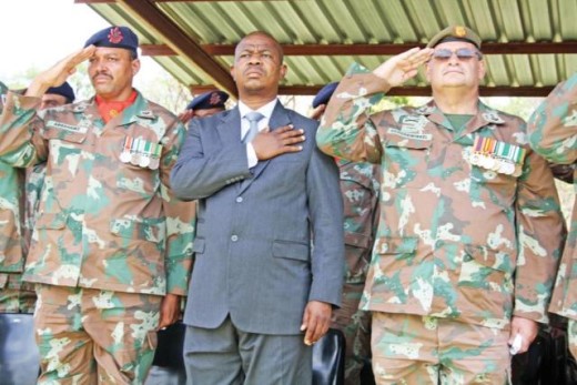 Maj. Hendrik Abrahams; the executive mayor, Kgotso Khumalo and Col. Dawid Schoonwinkel. Photo: Selogile Leshage