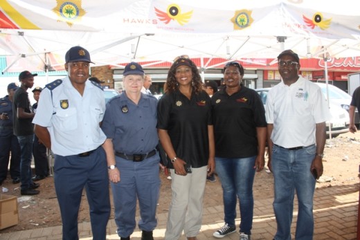 SAPS Capt. Mvula Chaka; Capt. Toerien Carney, the provincial head of the Hawks; Maj. Gen. Linda Mbana, Brig. Tamara Njikelana and Col. Rasekaka Makuoane.