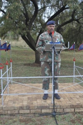 Maj. Hendrik Abrahams delivers a message in remembrance of their fallen comrades. Photo Lezahn Jafta