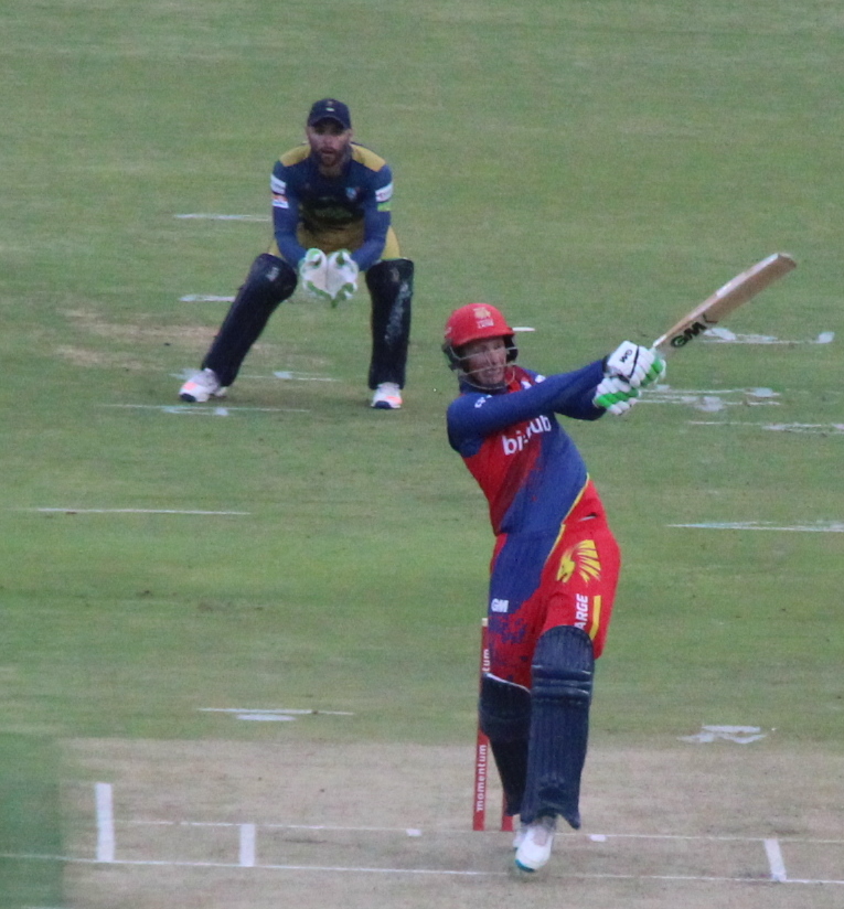 Rassie van der Dussen plays an aggressive pull shot