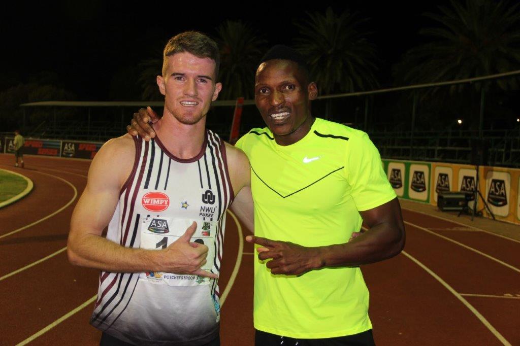 Pieter Conradie en die Botswana blits, Isaac Makwala wat albei identiese tye van 45.76 in die 400 meter tydens die ASA Spoedreeks in Potchefstroom behaal het.