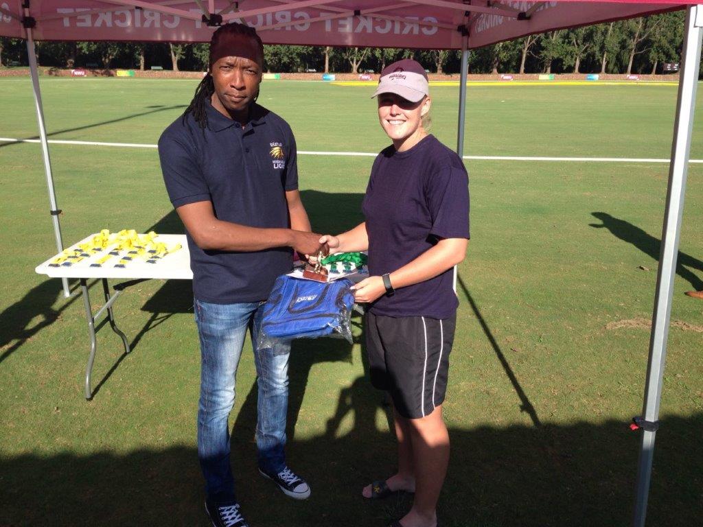 North West Cricket president, Oupa Nkagisang with Elriesa Fourie, who was the player and batsman of the match in the final. Photos: Supplied