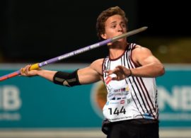 Johann Grobler is ready to letgo in the men's javelin event.
