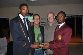 Boys High captain, Katleho Morapane, Mr. Johan van Vuuren (principal, Potch Boys High), Mr, Chris de Villiers (principal HTS Potchefstroom) and Pitso Mosia (captain, HTS Potchefstroom with the trophy that is up for grabs on Saturday.