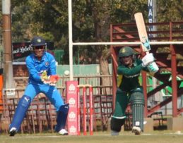 Mignon du Preez of the Proteas women hit a drive against India in their quadrangular series match at the Puk Oval on Tuesday, 9 May.