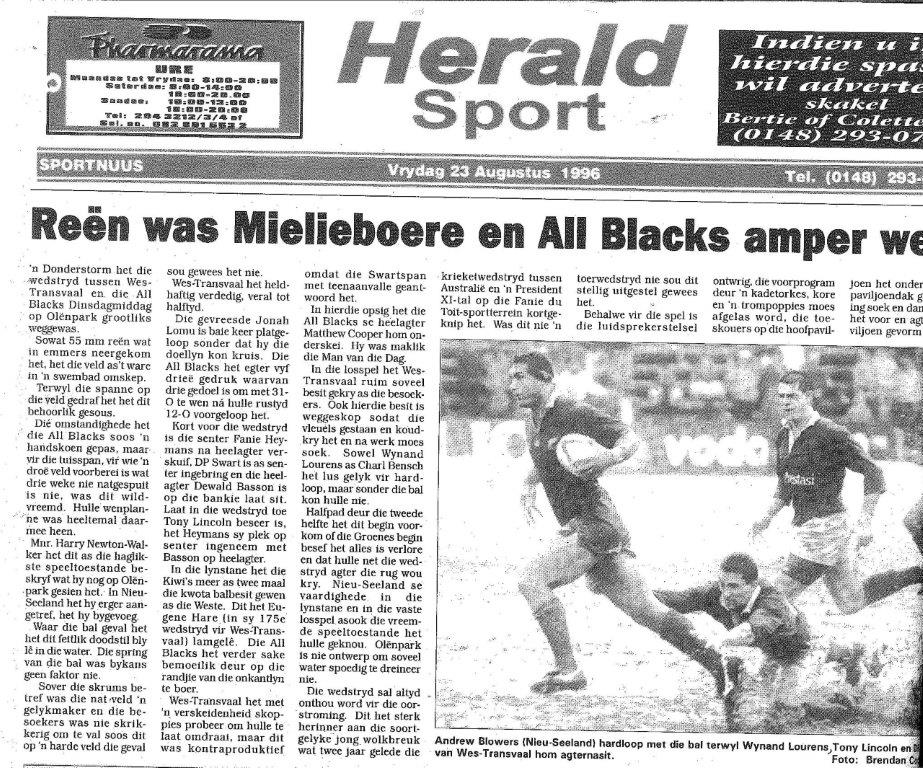 Die berig wat in Potchefstroom Herald op die agterblad van 23 Augustus 1996 verskyn het. 