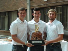 Wihan Lubbe, Ruan Haasbroek and Edrich Lubbe with the Red Bull Campus Cricket World Trohpy.