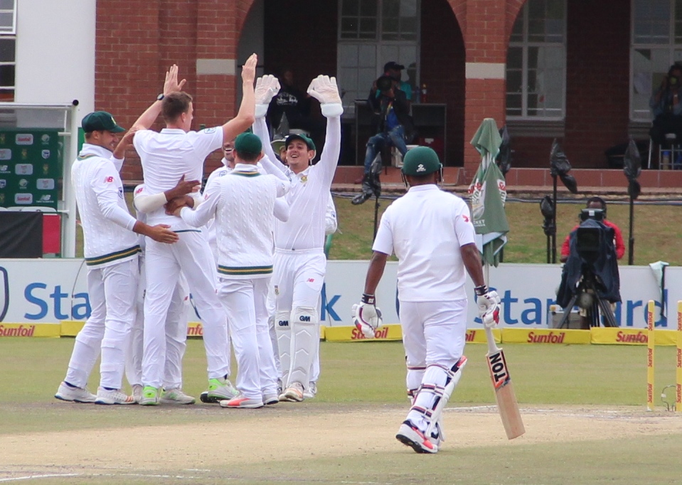 Morne Morkel celebrates the wicket of Mominul Haque for a duck. Photo: Wouter Pienaar