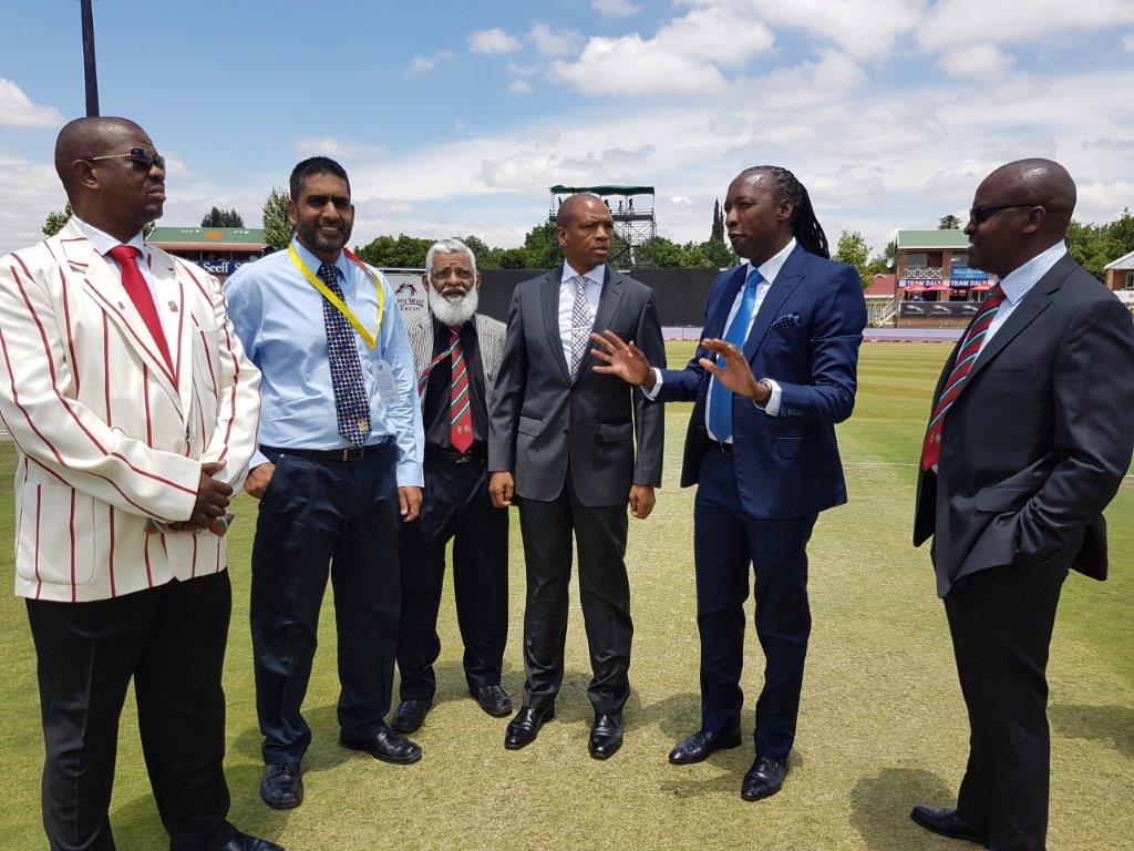NW Cricket Board President Dr Oupa Nkagisang showing Premier Mahumapelo and JB Marks Executive Mayor Khotso Khumalo the areas of the stadium that needs to be upgraded. He was also accompanied by other members of the cricket board and officials in the Department of Education and Sports Development