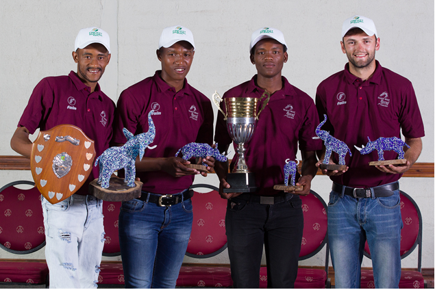 Tsholofelo Phukuile (Ikageng CC) Player of the Tournament, Zithebele Nyembe (Impala CC), Jerome Xaba (Potch Dorp CC) and Marcus Fourie (Potch Dorp CC).