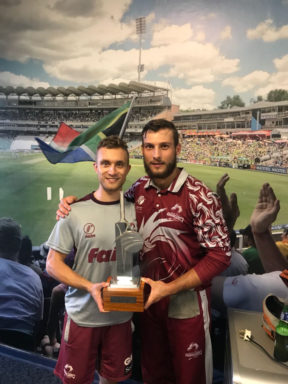 Richardt Frenz and Janneman Malan celebrate a fantastic victory for the Dragons.