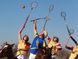 Polocrosse players vie for possession of the ball after a throw in. Photo: Wouter Pienaar