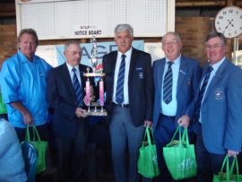 Die wenners van die 2018 Sages Mini Nasionale Gholftoernooi wat by die Potchefstroom Buiteklub aangebied is. Van links na regs is Tommy Herridge, (Rustenburg) Daantjie van Rensburg (organiseerder), Raymond Wewege, (Potchefstroom) Cron van Aswegen (Orkney) en Jimmy Hugh (Orkney). Foto: Verskaf