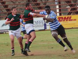 he massive Western Province wing, Christian Ambadiang Guetang on the charge. Guetang was one of the try scorers for Province. Photo: Wouter Pienaar