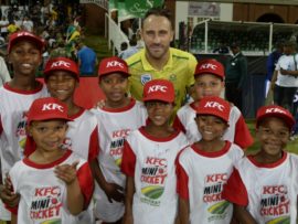 Faf du Plessis with the KFC Mini-Cricket kids from Amstelhof PSS