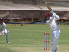 Jovaun van Wyngaardt plays a lofted off drive to the boundary for Potch Dorp. Foto: Daniel Hartzer